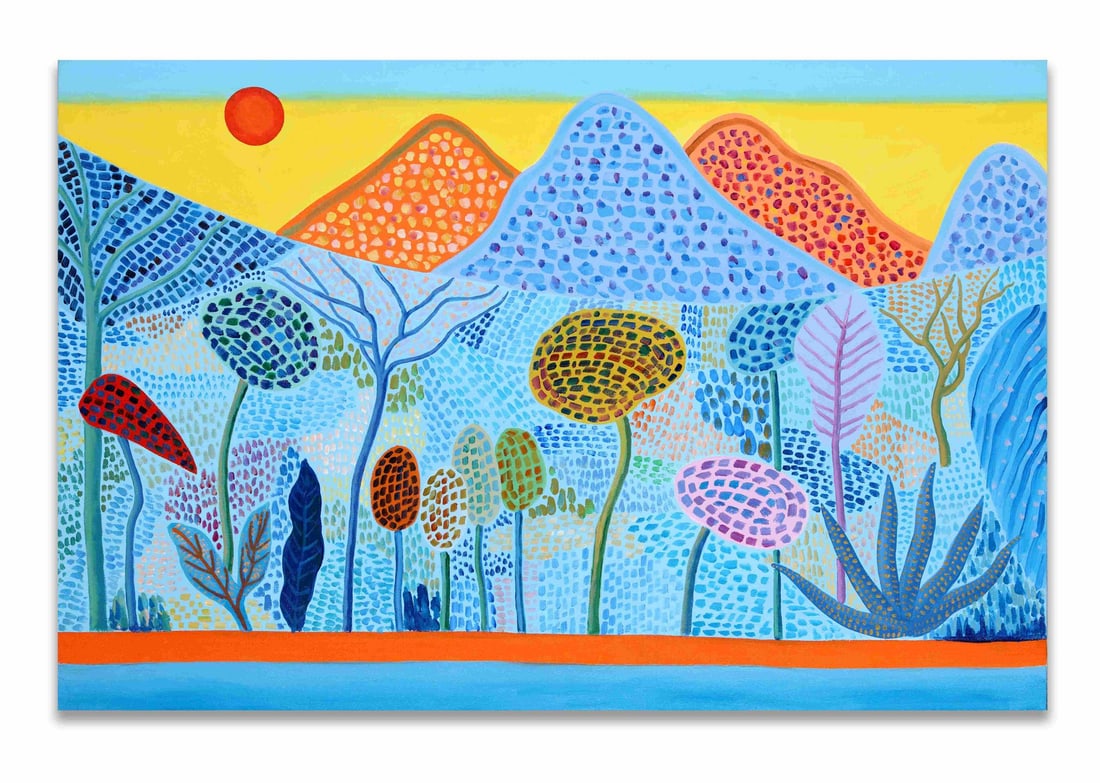 IN THE STYLE OF MATTHEW WONG (1984-2019), ACRYLIC ON CANVAS: IN THE STYLE OF MATTHEW WONG (1984-2019), ACRYLIC ON CANVAS Dimensions: Image size: 80.5 x 121.2 cm. All measured values are approximate. Description: A bright acrylic landscape with a red sun, yellow