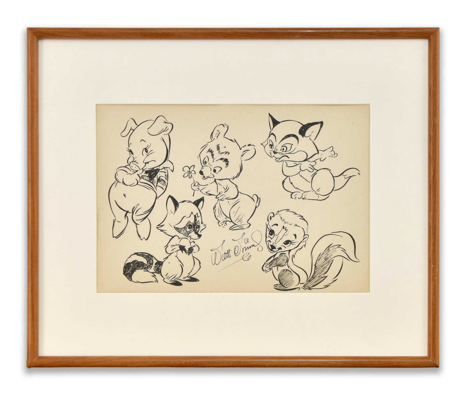 IN THE STYLE OF WALT DISNEY, MULTI-CHARACTER ANIMAL ILLUSTRATION: IN THE STYLE OF WALT DISNEY, MULTI-CHARACTER ANIMAL ILLUSTRATION Description: The composition features a charming arrangement of animal characters, including a piglet, bear cub, raccoon, kitten, and