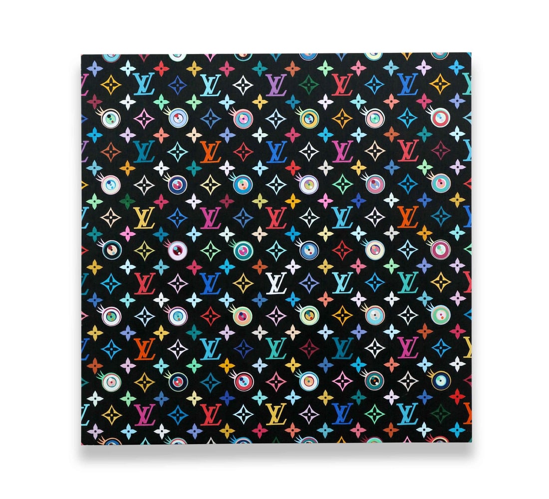 IN THE STYLE OF TAKASHI MURAKAMI (B. 1962), ACRYLIC ON CANVAS: IN THE STYLE OF TAKASHI MURAKAMI (B. 1962), ACRYLIC ON CANVAS Description: A black-ground acrylic painting filled with repeated multicolor monogram letters, four-petal symbols, and Murakami eye motifs