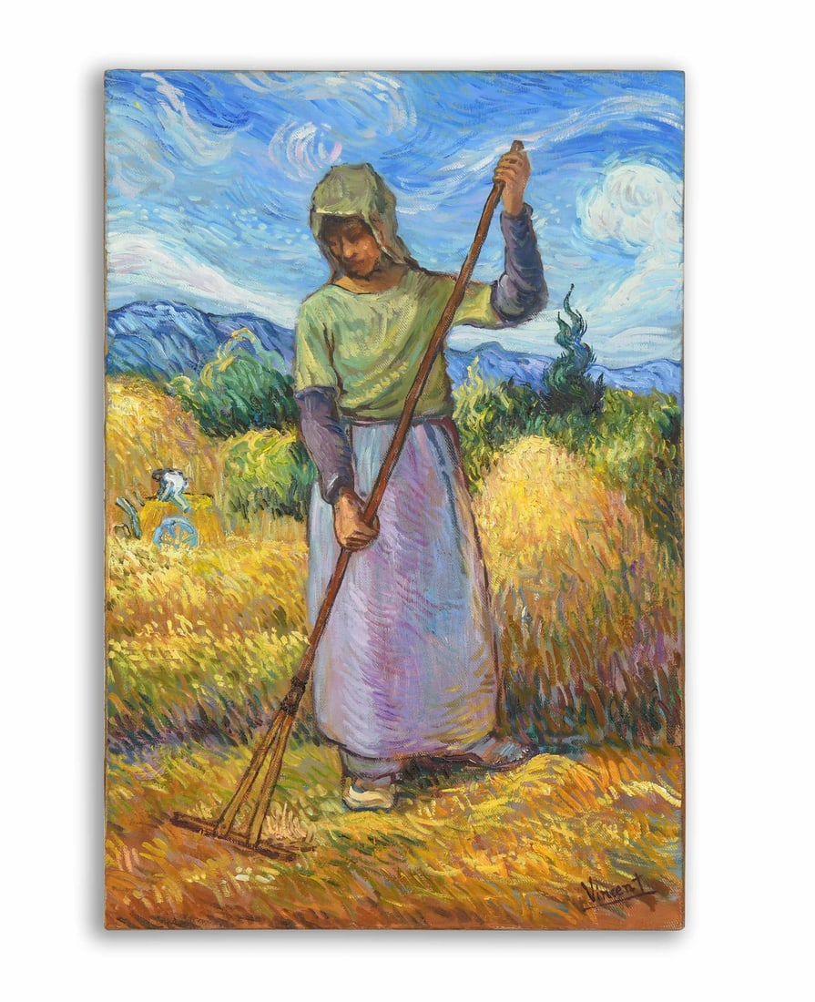 IN THE STYLE OF VINCENT VAN GOGH (1853-1890), OIL ON CANVAS: IN THE STYLE OF VINCENT VAN GOGH (1853-1890), OIL ON CANVAS Dimensions: Image size: 57.5 x 38.4 cm. All measured values are approximate. Description: A vertical painting of a woman working in a field 