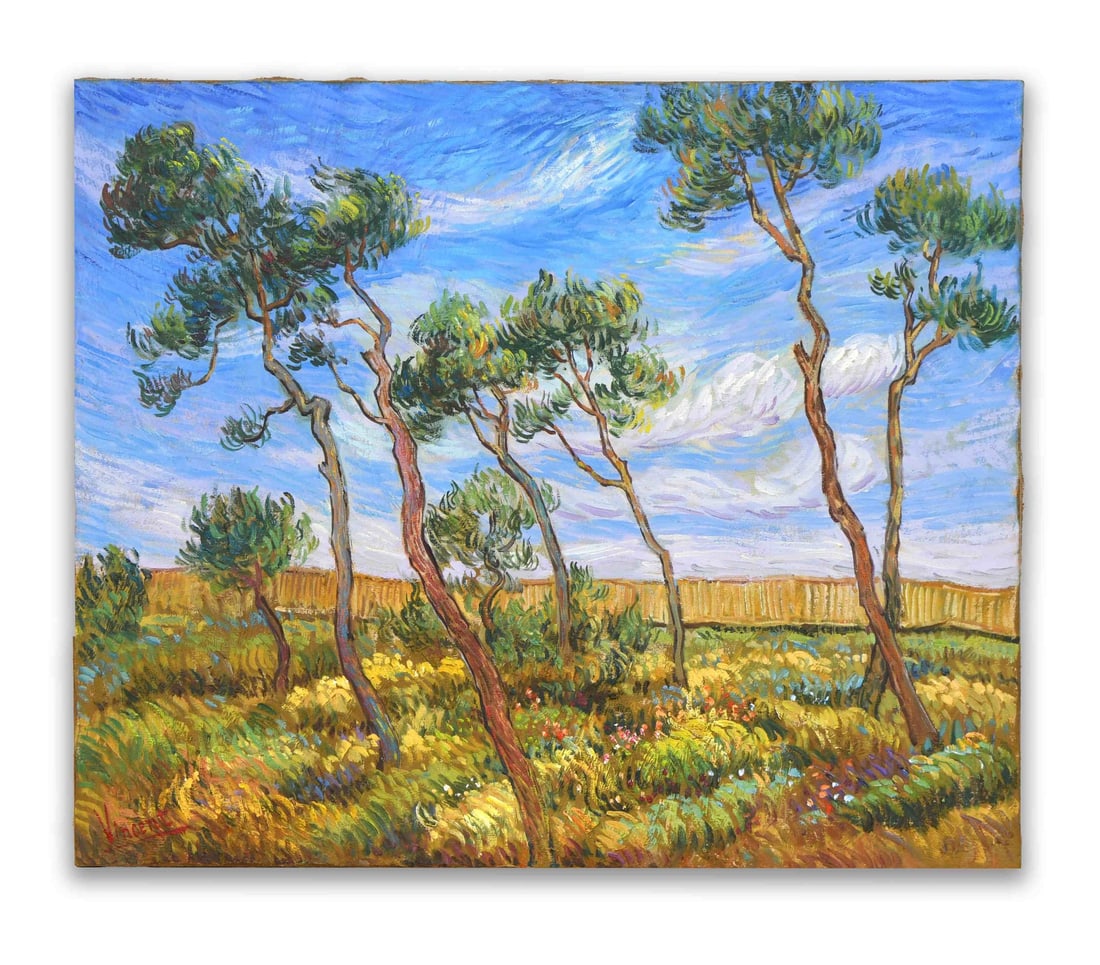 IN THE STYLE OF VINCENT VAN GOGH (1853-1890), OIL ON CANVAS: IN THE STYLE OF VINCENT VAN GOGH (1853-1890), OIL ON CANVAS Dimensions: Image size: 50.4 x 61 cm. All measured values are approximate. Description: A horizontal landscape with wind-bent trees, yellow
