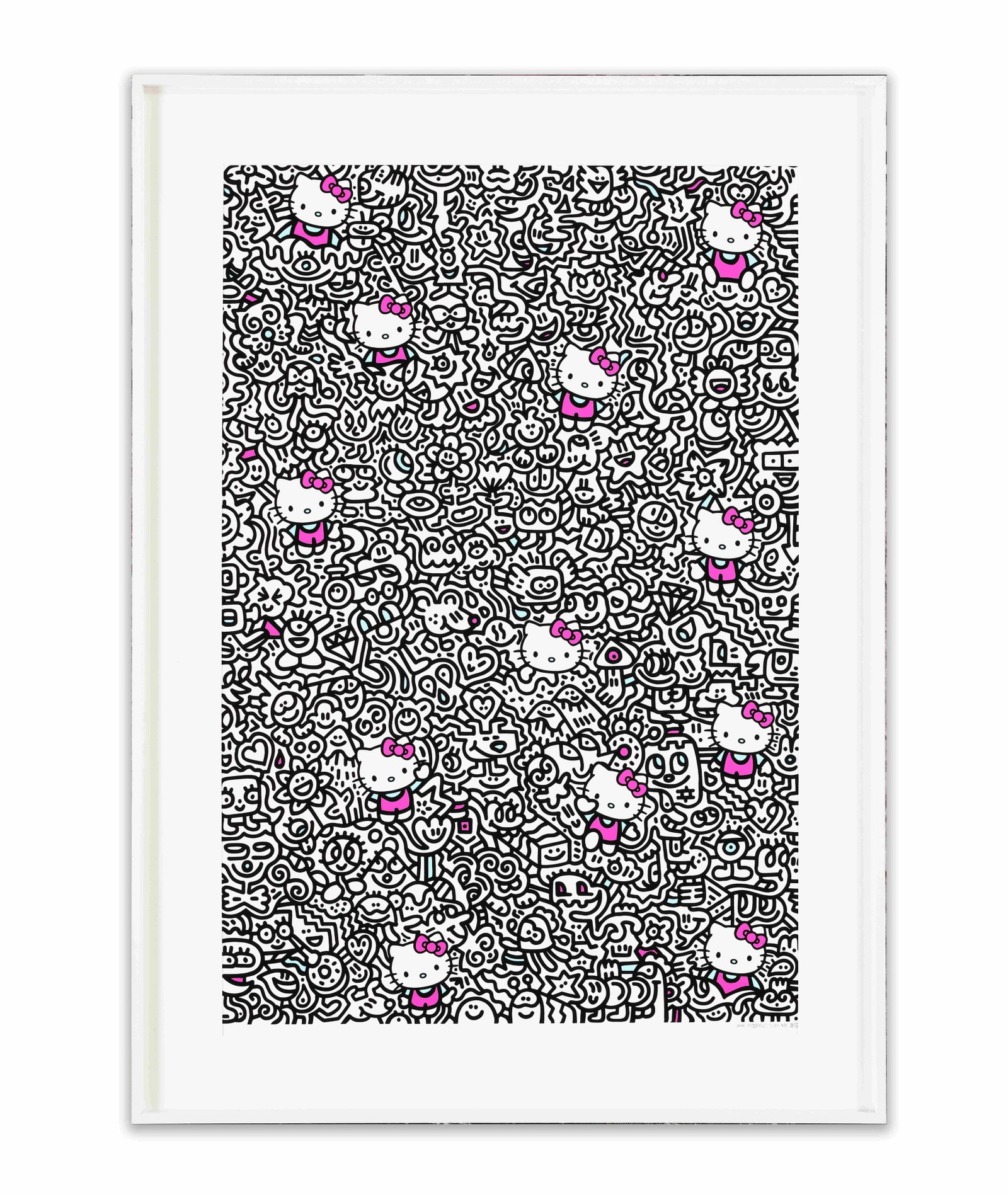 AFTER KEITH HARING, HELLO KITTY PATTERN COMPOSITION, DECORATIVE PRINT: AFTER KEITH HARING, HELLO KITTY PATTERN COMPOSITION, DECORATIVE PRINT Dimensions: Outer frame size:70 x 50 cm. All measured values are approximate. Historical significance: Keith Haring emerged in
