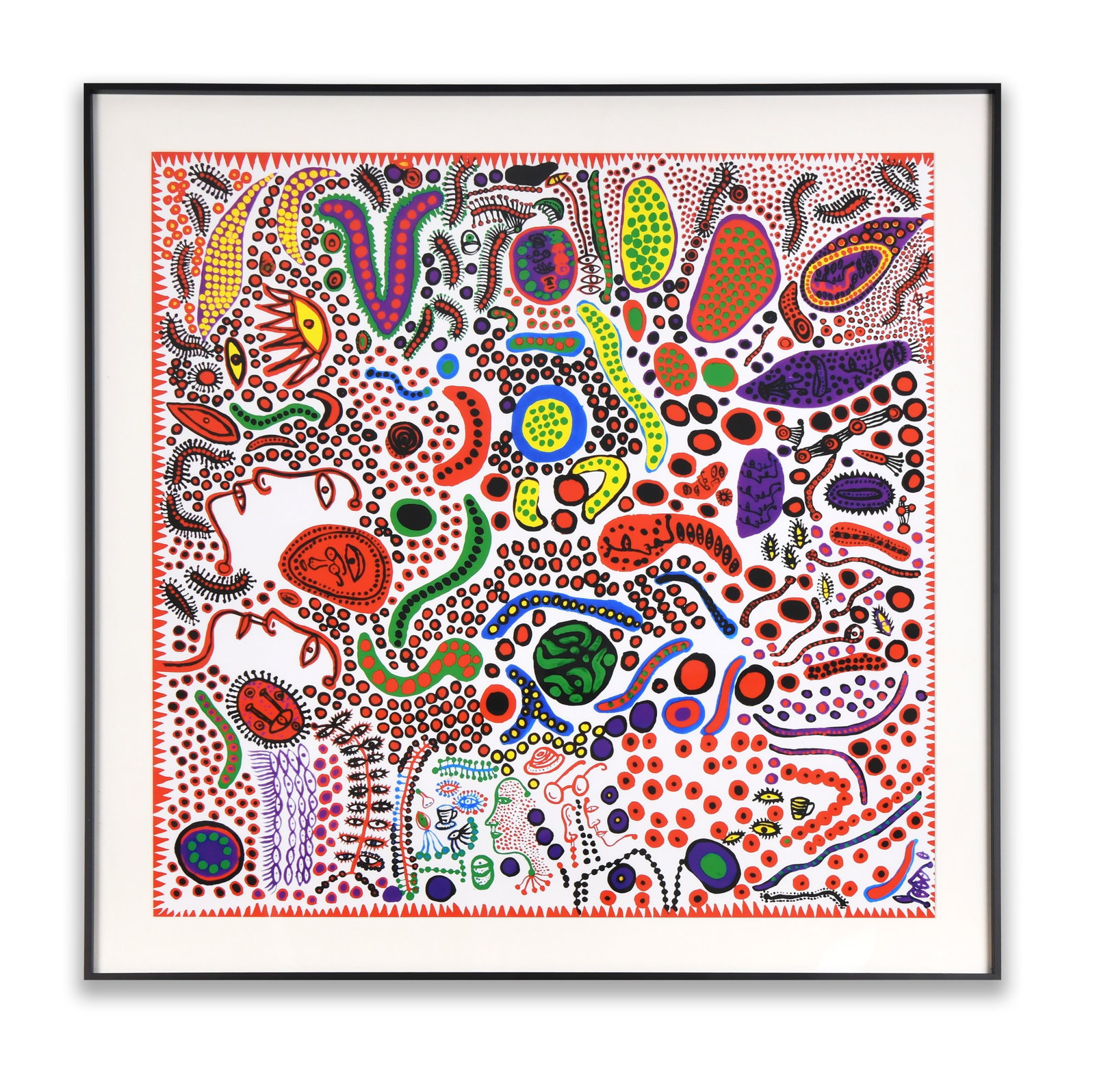 AFTER YAYOI KUSAMA, BIOMORPHIC DOTS COMPOSITION, DECORATIVE PRINT: AFTER YAYOI KUSAMA, BIOMORPHIC DOTS COMPOSITION, DECORATIVE PRINT Dimensions: Outer frame size:70 × 70 cm. All measured values are approximate. Description: The artwork presents a dense and dynamic