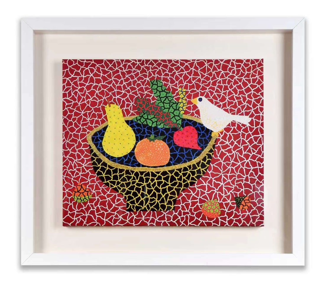AFTER YAYOI KUSAMA, DECORATIVE PRINT: AFTER YAYOI KUSAMA, DECORATIVE PRINT Dimensions: Outer frame size:50 × 70 cm. All measured values are approximate. Description: The work presents a vivid and playful still-life composition centered