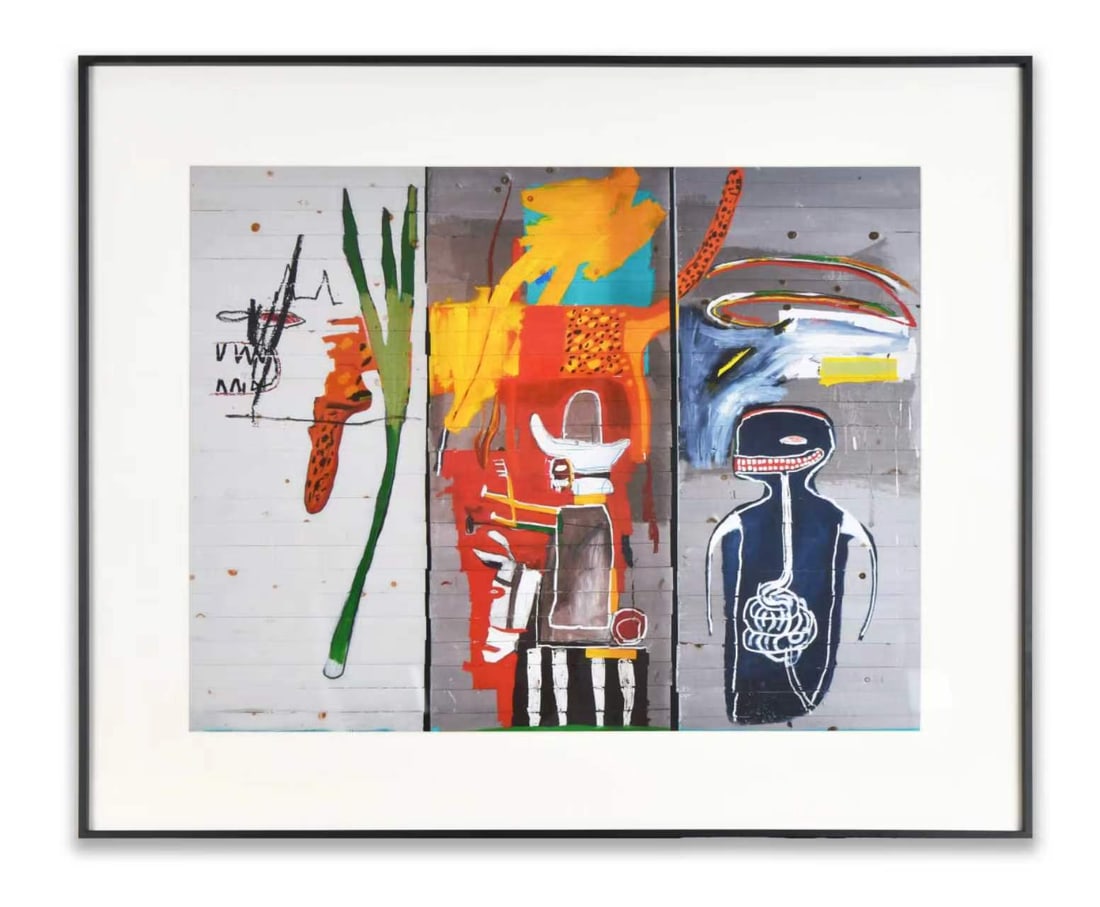 AFTER JEAN-MICHEL BASQUIAT, UNTITLED, DECORATIVE PRINT: AFTER JEAN-MICHEL BASQUIAT, UNTITLED, DECORATIVE PRINT Dimensions: Outer frame size:50 × 70 cm. All measured values are approximate. Description: The work presents a dynamic, multi-panel composition