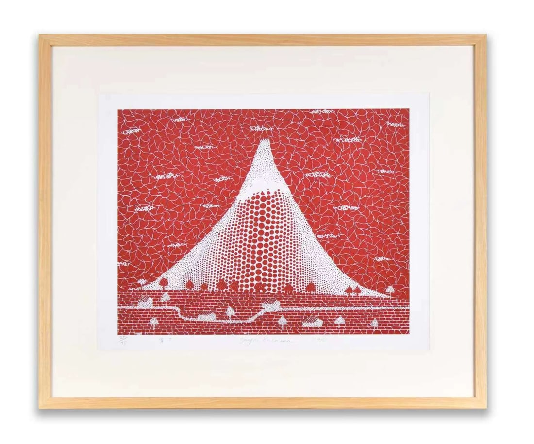 AFTER YAYOI KUSAMA, MT. FUJI, DECORATIVE PRINT: AFTER YAYOI KUSAMA, MT. FUJI, DECORATIVE PRINT Dimensions: Outer frame size:50 × 70 cm. All measured values are approximate. Description: The artwork presents a stylized landscape centered on the ico