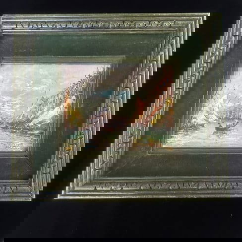 Antique Venice with Velvet Mat: Small vintage oil painting with dark green velvet mat and beautiful wooden frame, depicting a long ago time of sail boats in Venice, Italy