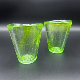Two (2) Swedish Kosta Boda Green Swirl Drinking Glasses Ulrica Hydman