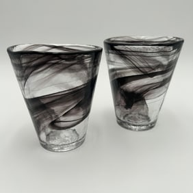 Two (2) Swedish Kosta Boda Black Swirl Drinking Glasses Ulrica Hydman