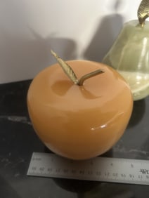 Vintage Yellow Marble Apple with Brass Leaf and Stem