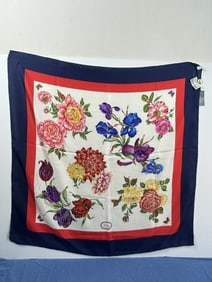 Authentic Gucci Silk Floral Scarf (Dark Blue Trim) NWT
