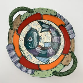 Hand-Painted Fish Platter with Handles by Juozas and Rasa Saldaitis