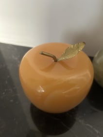 Vintage Yellow Marble Apple with Brass Leaf and Stem