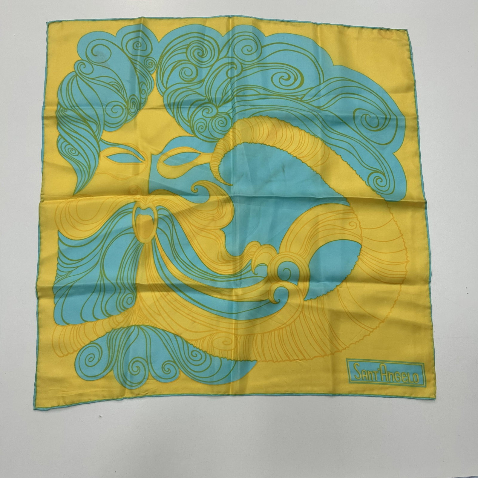 Vintage Giorgio di Sant'Angelo Kaikias Caecius Greek Wind God Silk Square Scarf: The Giorgio di Sant'Angelo Kaikias Caecius Greek Wind God Silk Square 34" is a luxurious and stylish scarf designed specifically for women. Made of high-quality silk in a striking yellow turquoise