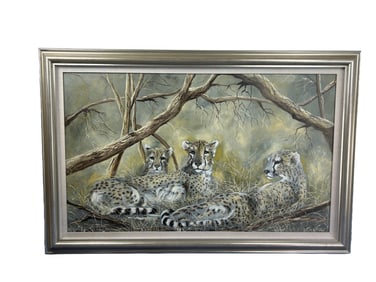 Three Cheetah Cubs Oil Painting Framed w/ Mat