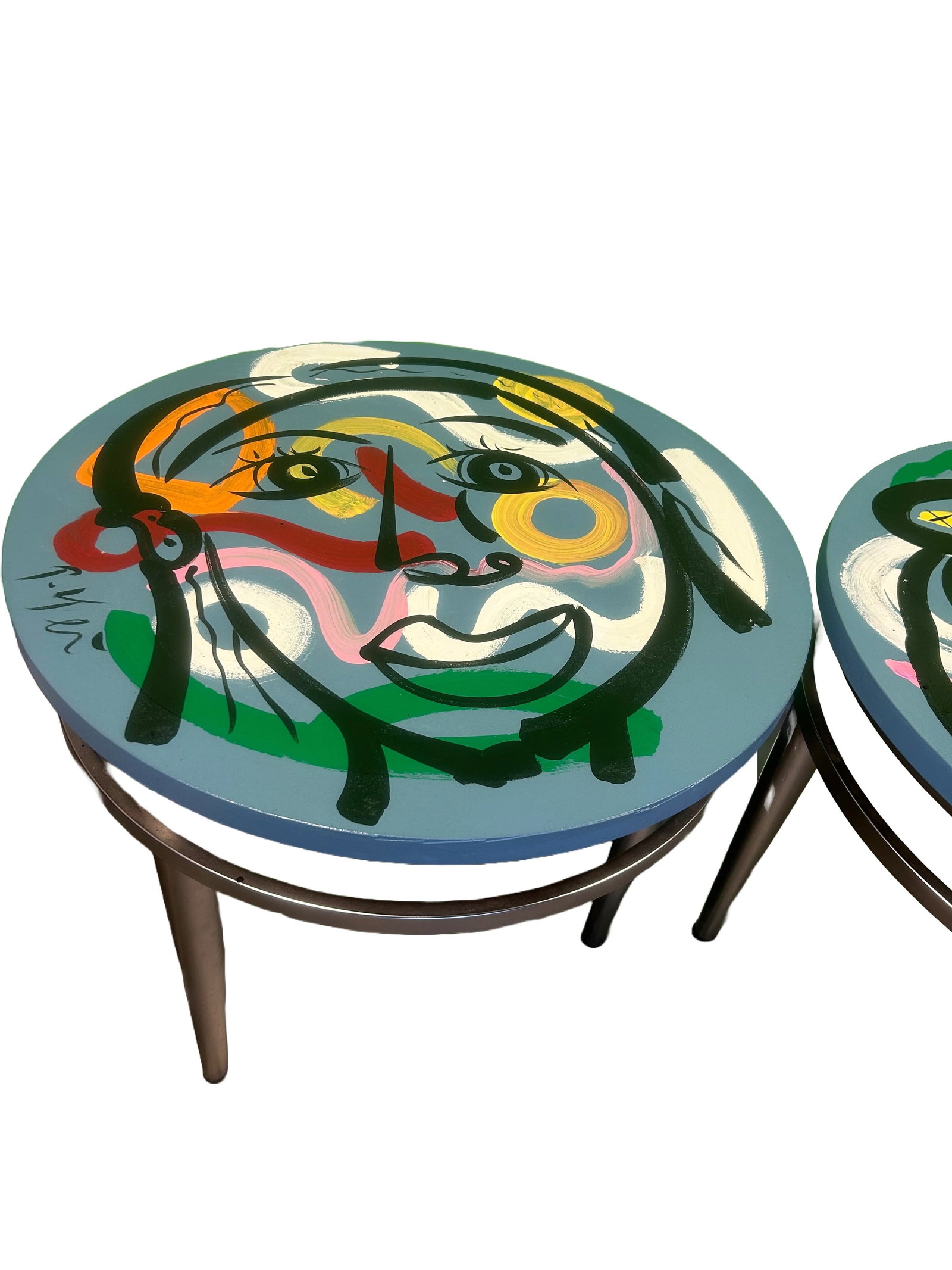 Peter Robert Keil Tables - Set of Two (2): Two (2) Tables painted by Peter Keil. Peter Robert Keil is a contemporary painter recognized in Germany for his dynamic forms and his impressive choice of colors. Once known as "the wild man of