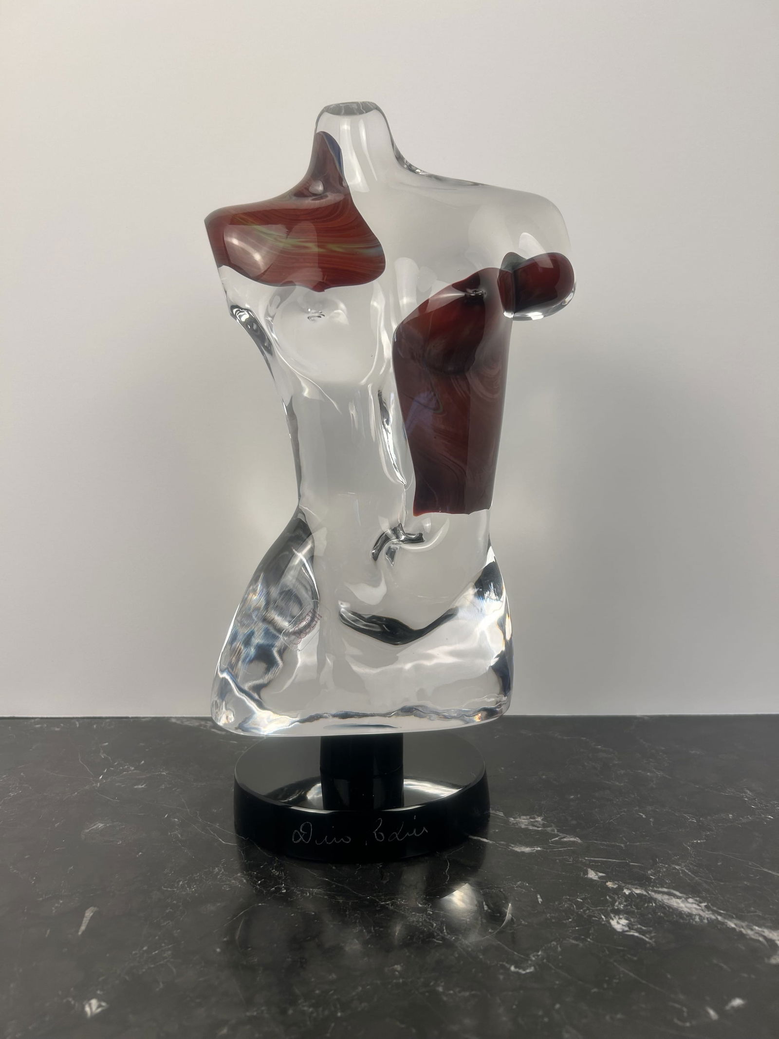 Aphrodite Sculpture Dino Rosin Murano Glass: Female torso sculpture by Italian artist Dino Rosin, time period 1990-1999. Statue sits on black base with stem holding up the torso.