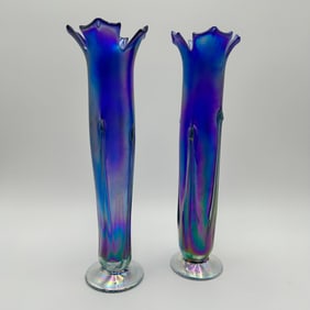 R. Mynatt Tall Purple Iridescent Footed Art Glass Vase Signed - #1