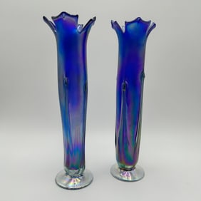 R. Mynatt Tall Purple Iridescent Footed Art Glass Vase Signed - #2
