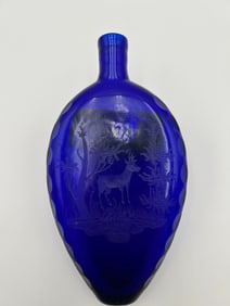 Vintage Cobalt Blue Glass Bottle with Reindeer and Beautifully Edged on Sides