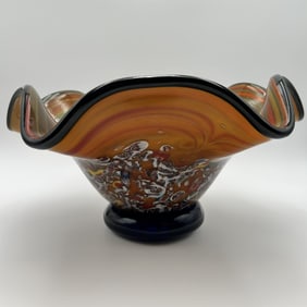 Vintage Hand Blown Millefiori Art Glass Centerpiece Pedestal Bowl