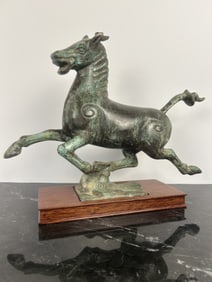 Verdigris Finish Bronze Horse Sculpture on Wood Base