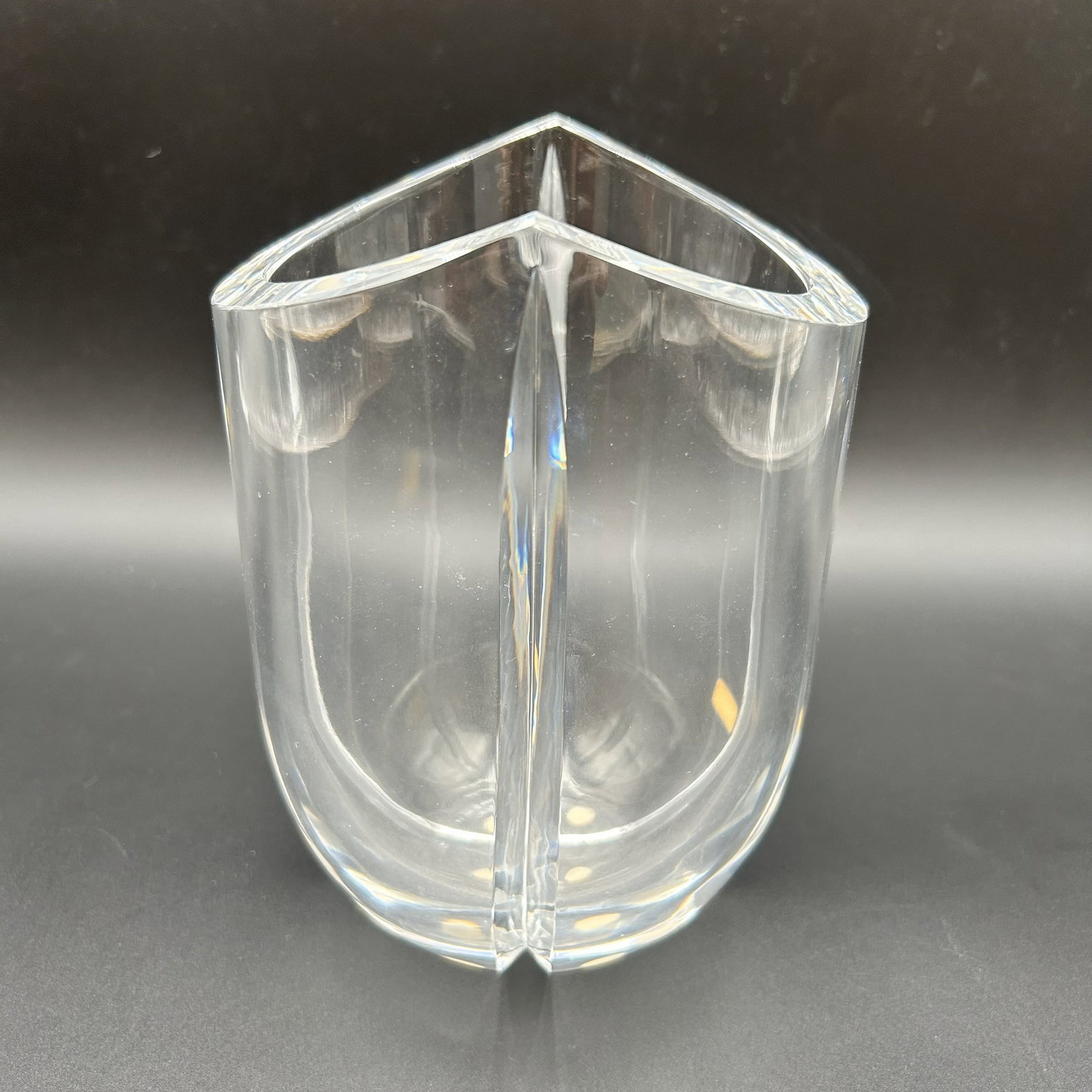 Kosta Boda Sweden Thick Walled Clear Vase G.W. Signed: This thick walled clear glass vase is signed Kosta Boda G.W., which is most likely Goran Warff, one of the main artists who created Kosta Boda vases for the company. Made in Sweden.
