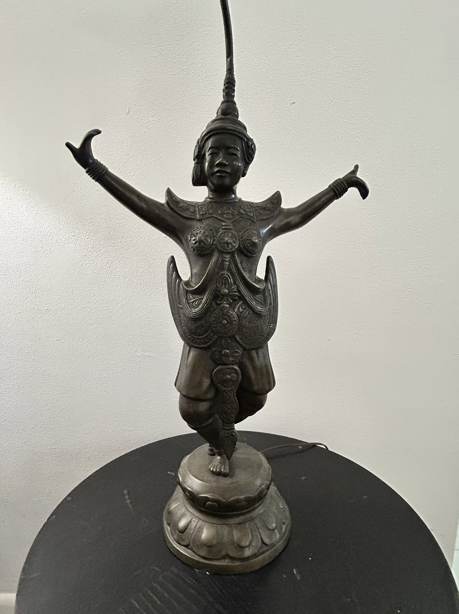 Vintage Apsara Dancer Bronze Statue Table Lamp: This is a vintage bronze statue of an Apsara Dancer, Cambodia, table lamp. In great condition for its age and wear.