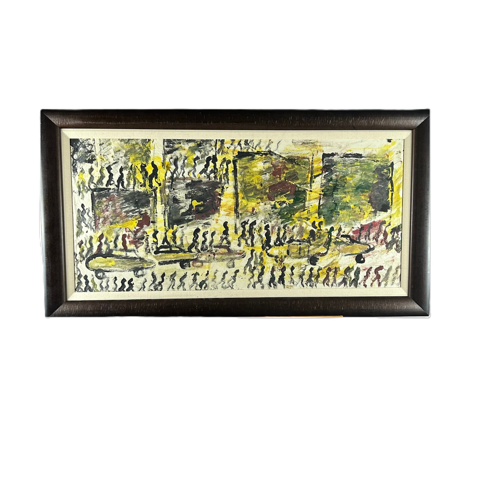 "Overtown" by Purvis Young, framed: Nicely framed Purvis Young artwork, done on whatever material he found on the streets of Overtown. Purvis Young (1943–2010) was a self-taught, visionary American artist celebrated as a pioneer of "U