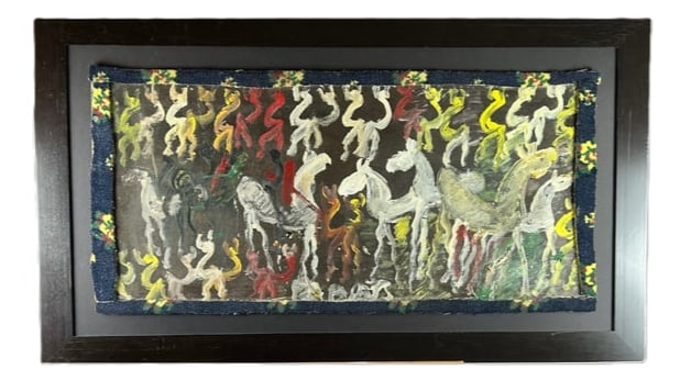 "Zulus & Wild Horses" by Purvis Young, framed: Framed artwork by Purvis Young, with carpeting matt which was part of his art. Young would work with whatever material he found on the streets of Overtown. Purvis Young (1943–2010) was a