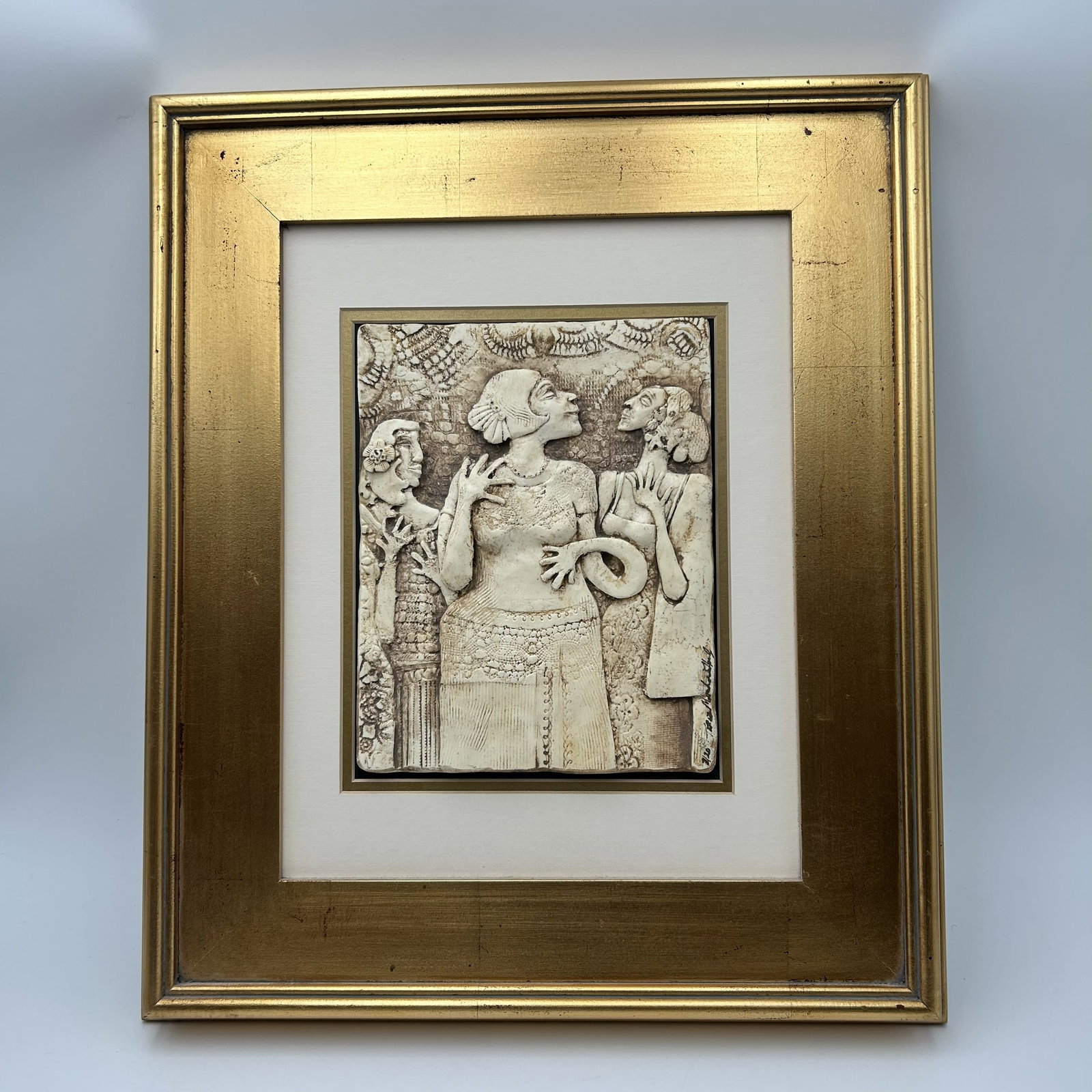 "The Poetry Reading" by Teresa Moorhouse: Nicely framed and matted, narrative sculpture titled "The Poetry Reading" by Teresa Moorehouse. Cold Cast Bronze Sculpture. Made with Cast Acrylic and Bronze Powders. Numbered 7/20 at lower right-hand