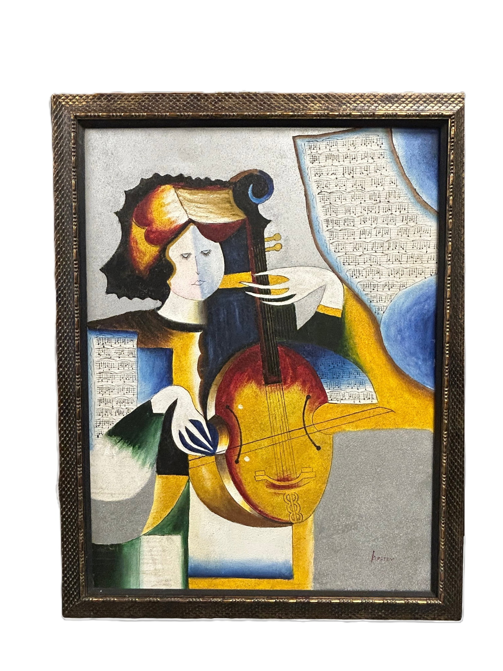 Cubist Acrylic on Canvas Woman playing Stringed Instrument (1 of 5)