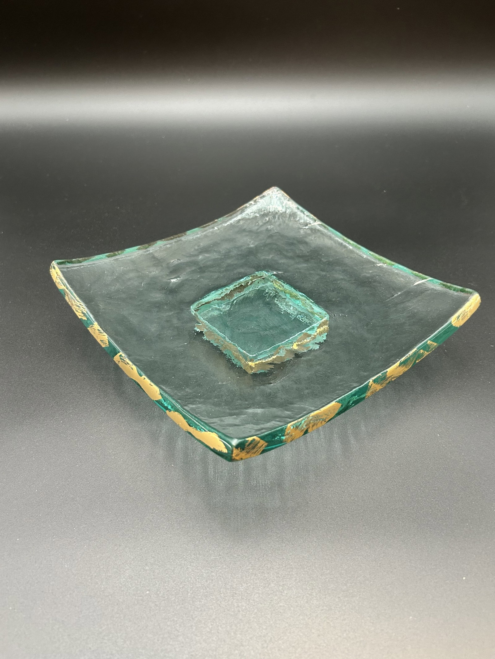 Square Annieglass Slab with Pedestal, Art Glass: Made from thick, durable glass with edges hand-brushed in 24k gold. Handmade in the USA.