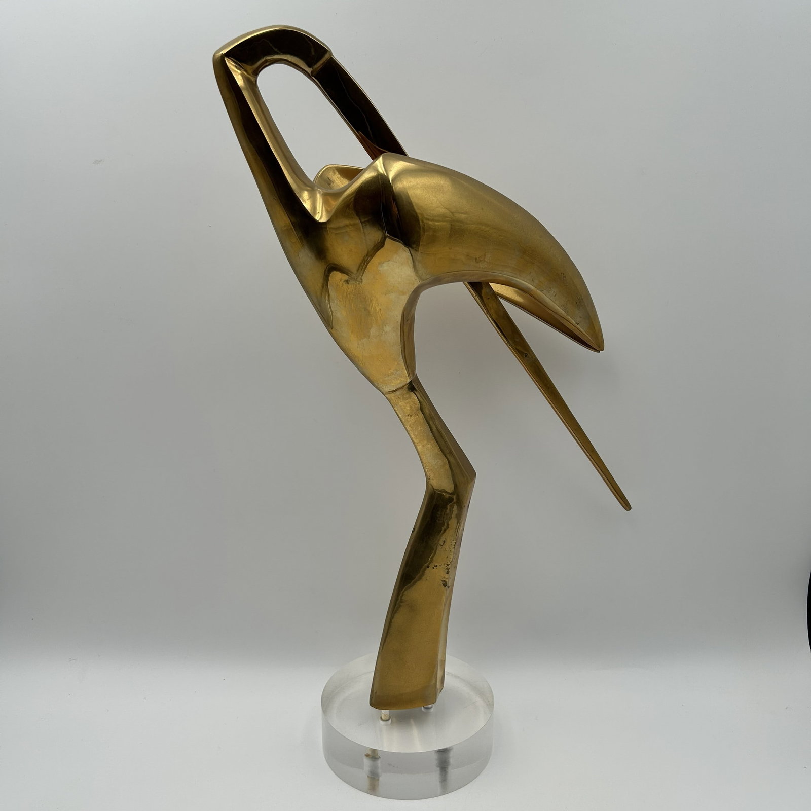 Mid-Century Modern (MCM) Solid Brass Bird Sculpture: This is a Mid-Century Modern (MCM) solid brass bird sculpture, showing desirable "living finish".