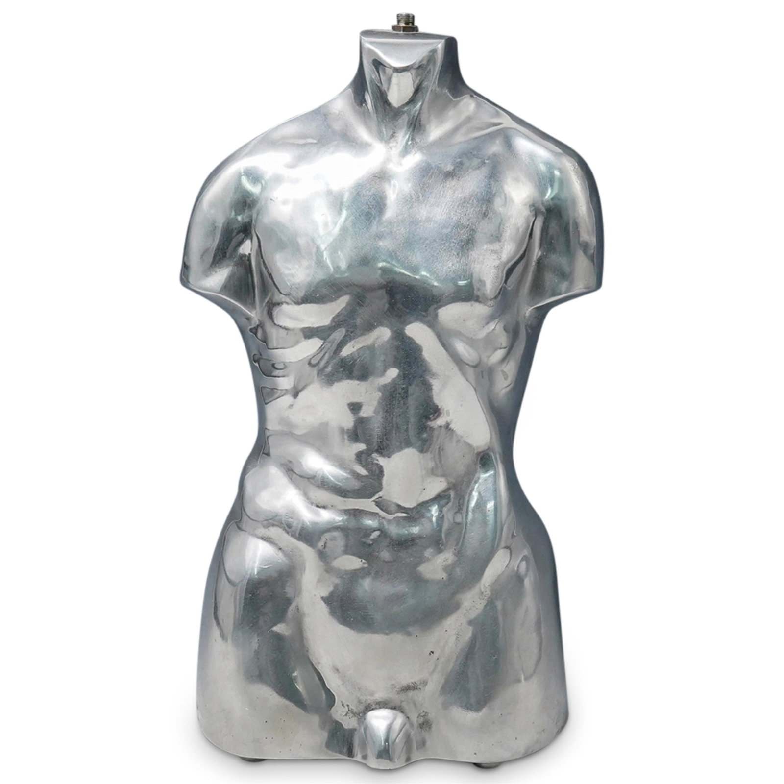 Nima Oberoi Lunares Metal Male Torso: Metal silver tone sculpture by Nima Oberoi Lunares depicting a male torso sporting a hardware fixtures hole through the neck. Signature at lower part of sculpture. Condition: Hardware in neck suggests