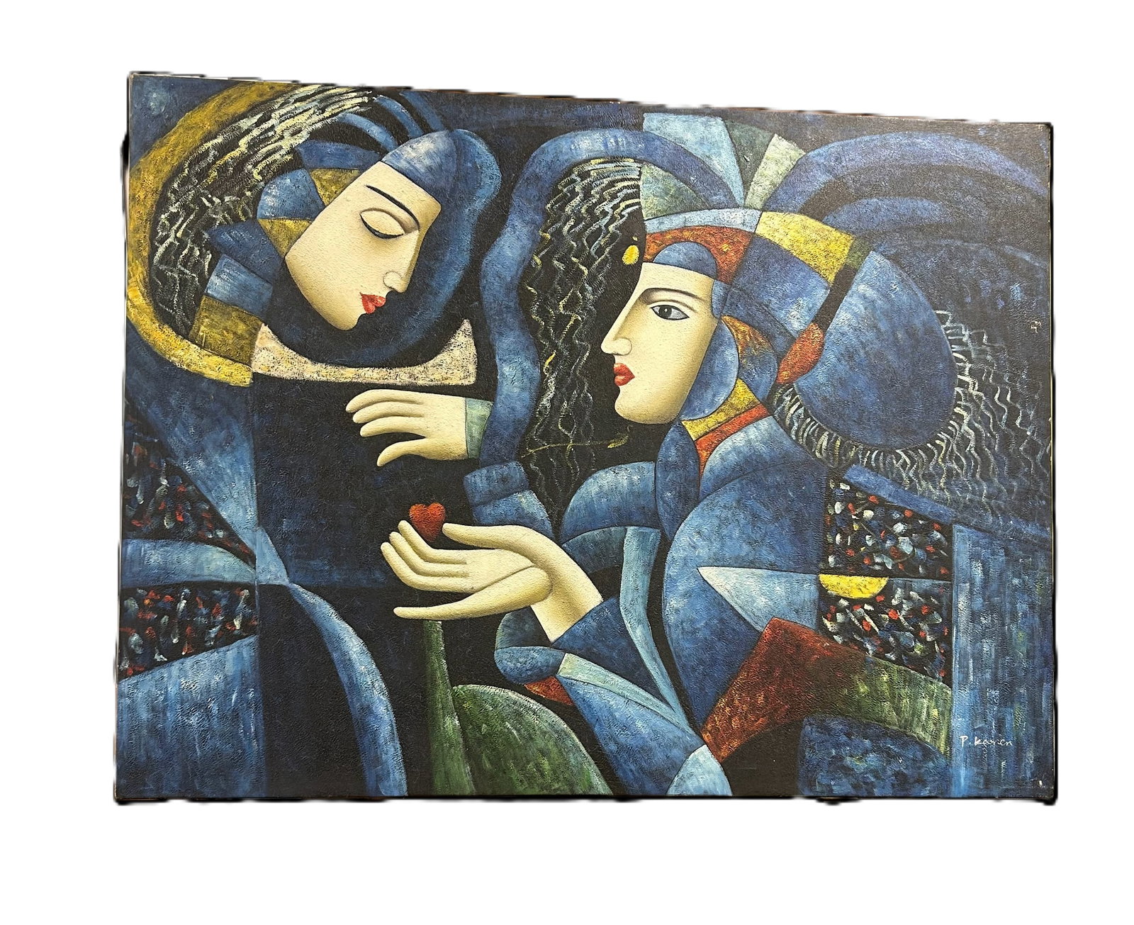 Cubist Acrylic on Canvas Figurative two Women sharing Heart: This is a beautiful, colorful canvas in the Cubist style, a major artistic movement that broke down forms into planes and facets, abandoning traditional perspective. Artwork after Artist Oleg Zhivetin