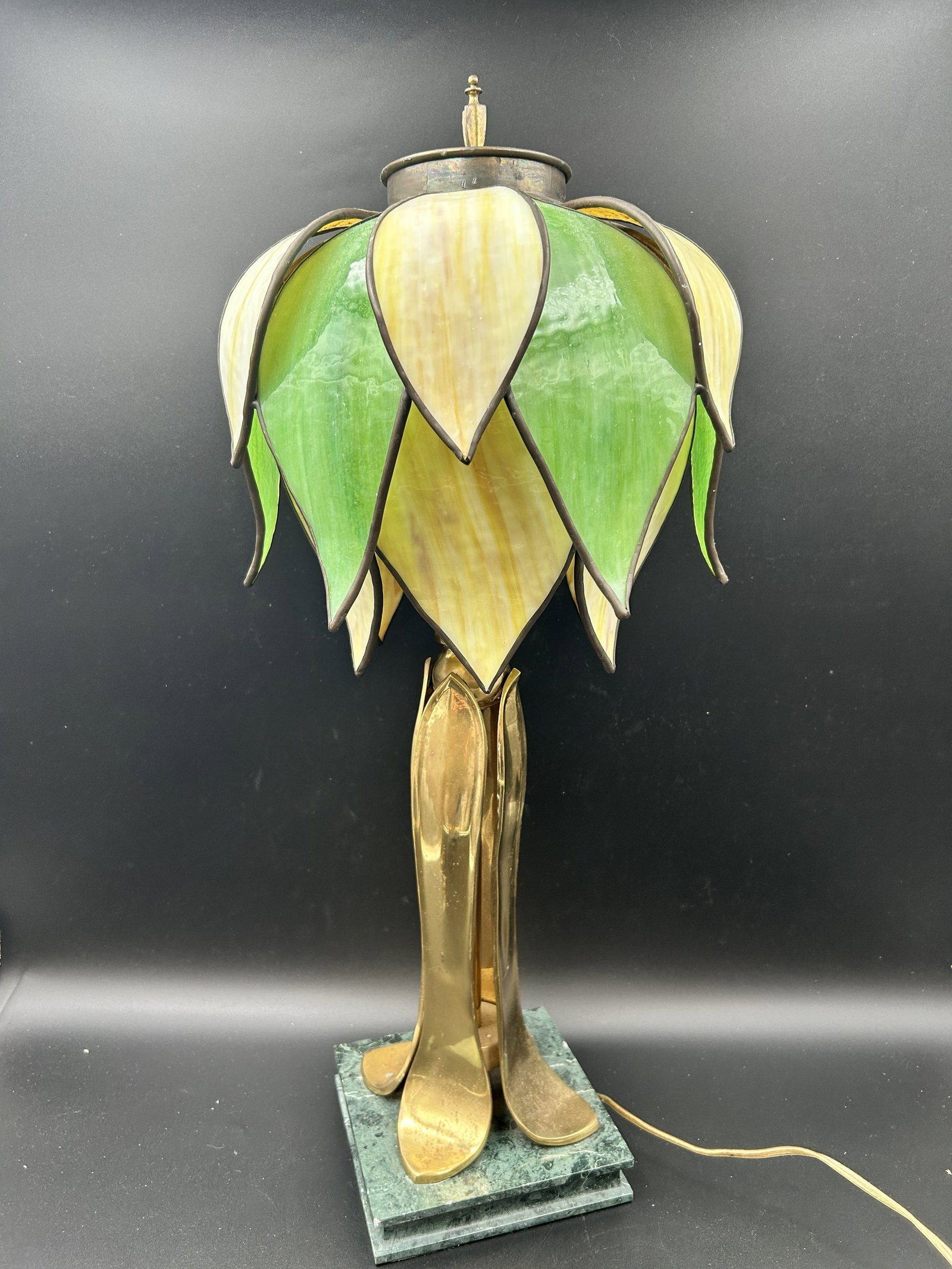 Vintage Tulip Table Lamp - Brass and Slag Glass: This is a vintage tulip table lamp - Slag Glass. Total of 18 petal panels, and the base is made of brass. Great condition for its age. Rare find!