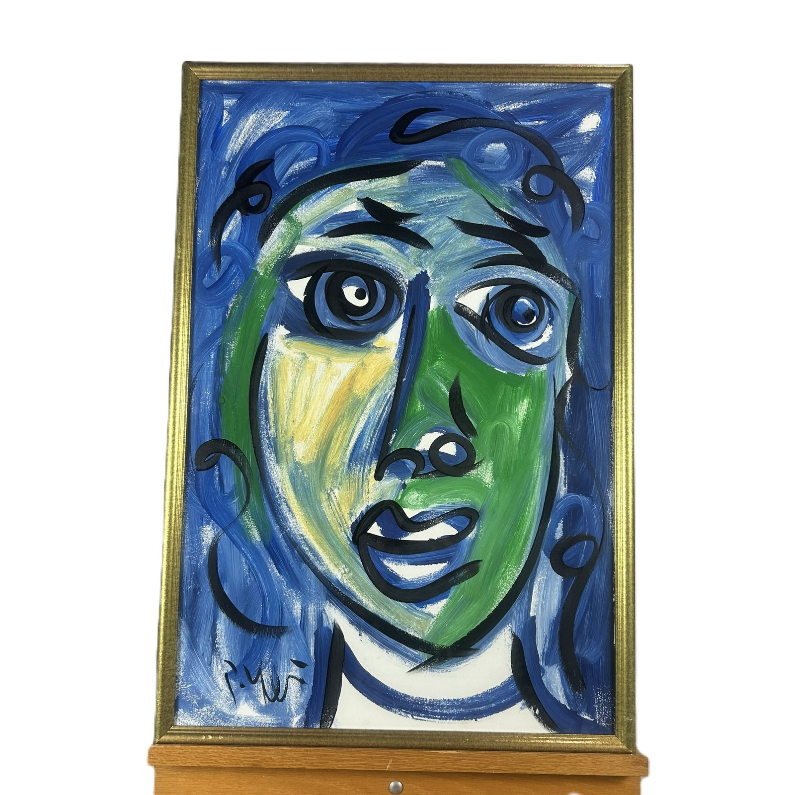 "Modern Muse“ by Peter Robert Keil: Vintage Peter Robert Keil framed with glass. This expressive abstract portrait is the neo-expressionist style, characterized by bold black outlines and vivid blue, green, and yellow tones Peter is wel