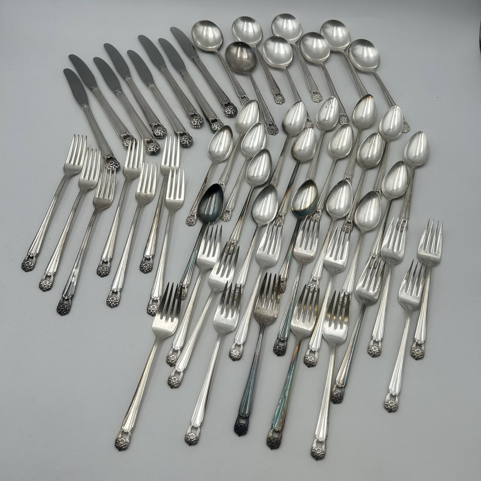 Set of Vintage Silver-Plated "Eternally Yours" by 1847 Rogers Bros: This listing is for a 55-Piece Set of Vintage Silver-Plated "Eternally Yours" Pattern by 1847 Rogers Bros. - 7 Forks - 8 Knives - 8 Soup Spoons - 18 Teaspoons - 14 Dessert Forks