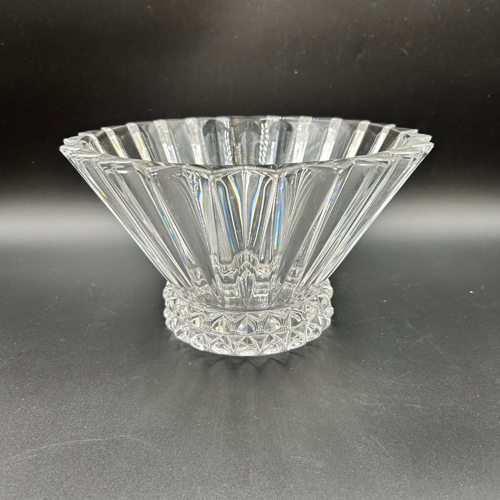 Vintage Rosenthal Blossom Lead Crystal Bowl: This is a vintage Rosenthal Blossom Lead Crystal Bowl, approximately 10" diameter. The bowl has a brilliant cut flared sides with a dense ribbed design over a wedged cut base in blossom pattern. This