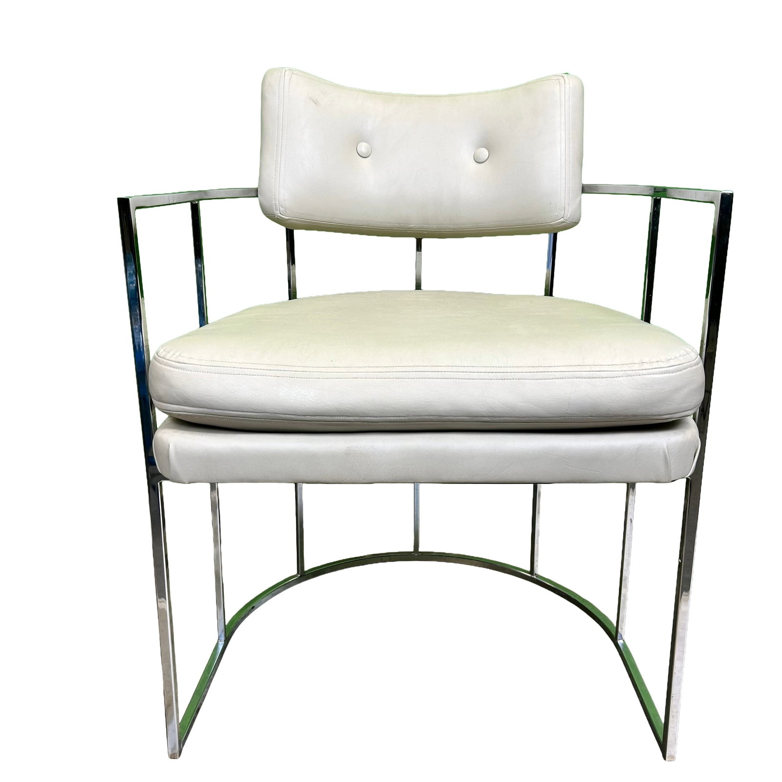 Milo Baughman for Thayer Coggin Chairs - Set of 4: No labels or tags. After Milo Baughmen for THAYER COGGIN Lounge Chairs, Model # 1858. Thick square tube frame with rounded barrel back and vertical bands. White "Vinyl" apholstery. Seat height - 19" E