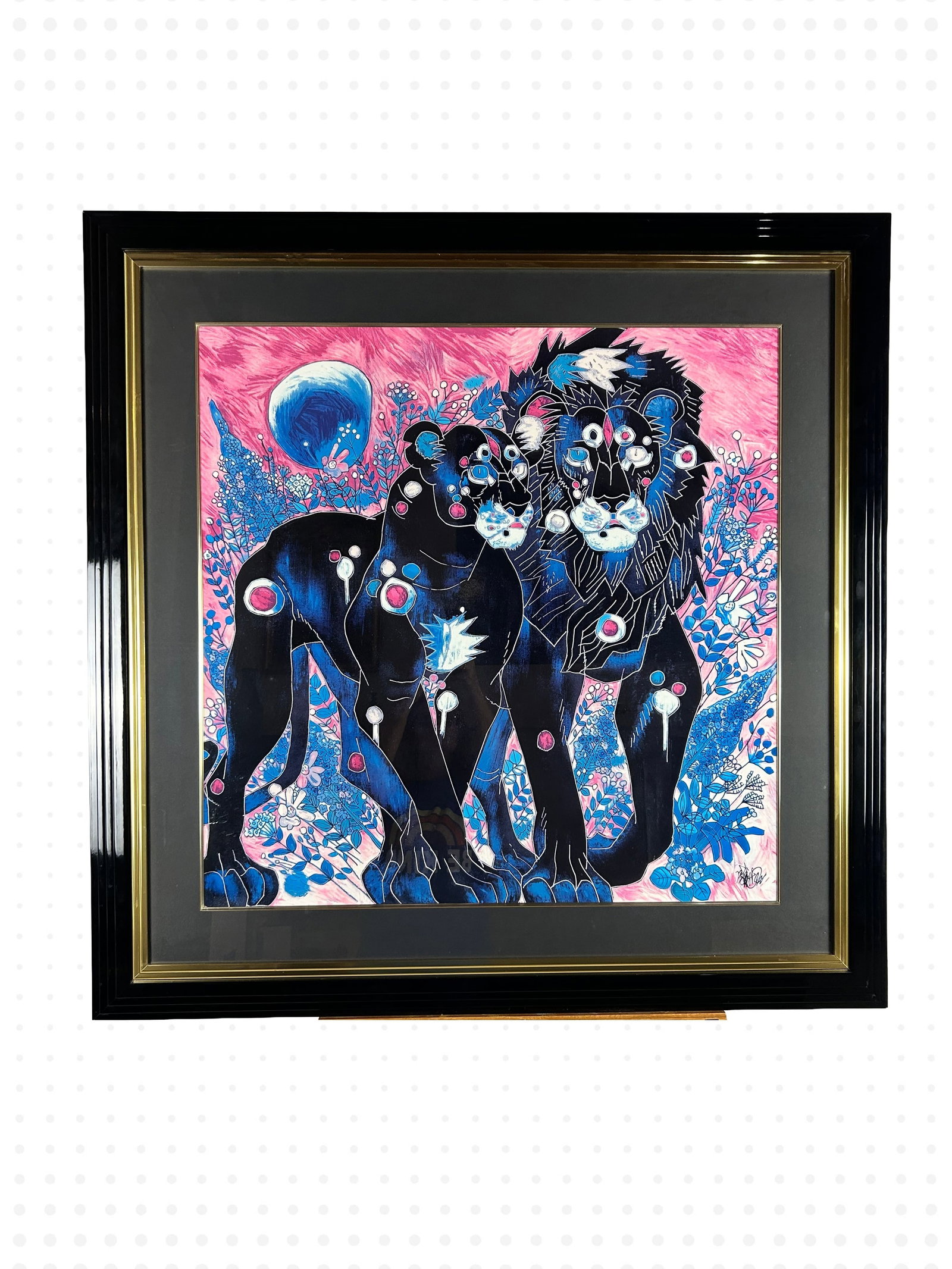 "Royal Couple" Print by Tiefeng Jiang: Framed and matted, under glass, print titled "Royal Couple" by artist Tiefeng Jiang (Chinese-American, born 1938). The piece features a vivid polychromatic abstract style depicting a black panther and