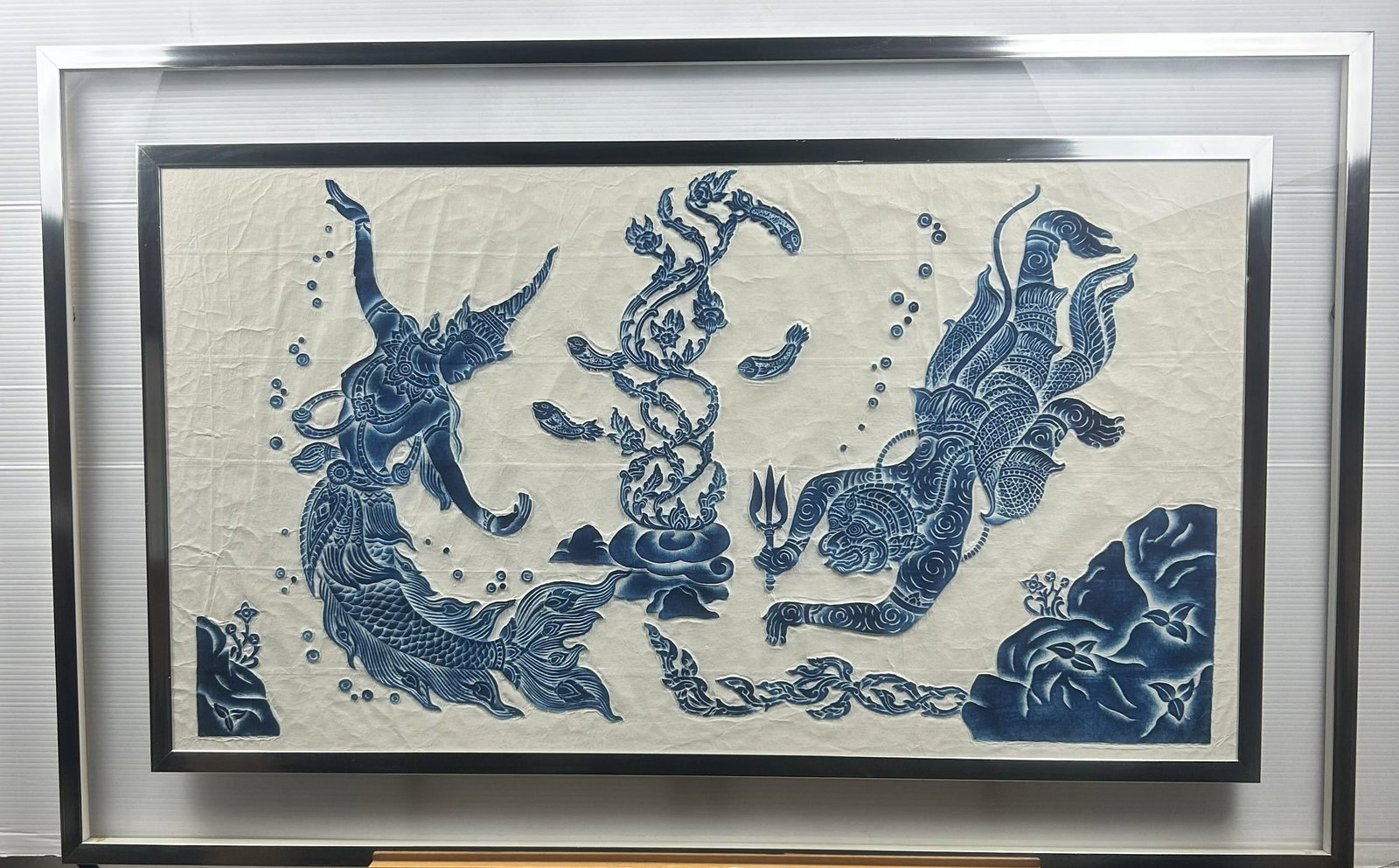 Vintage Thai Temple Rubbing on Rice Paper, Framed (1 of 8)