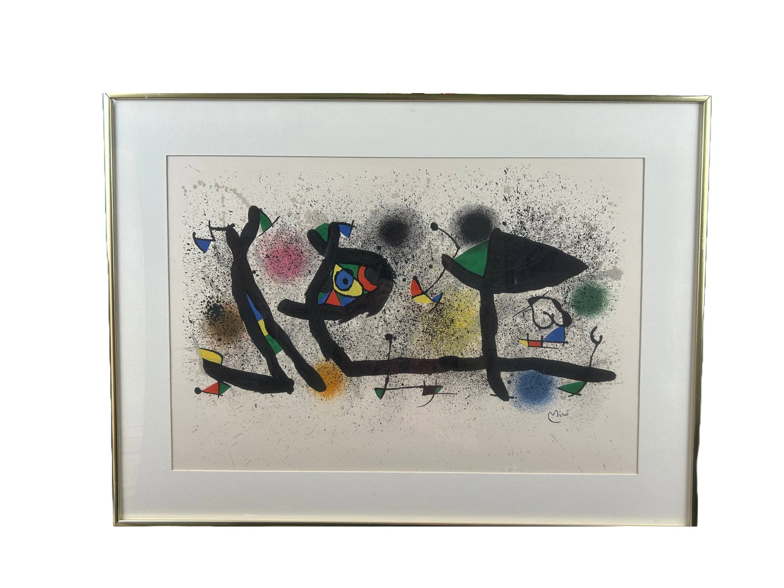 After Joan Miró "Surrealist Birds", Framed: Framed artwork reproduction after Joan Miró "Surrealist Birds", under glass. “After” refers to a work that reproduces a known work of art by the named artist in another medium.
