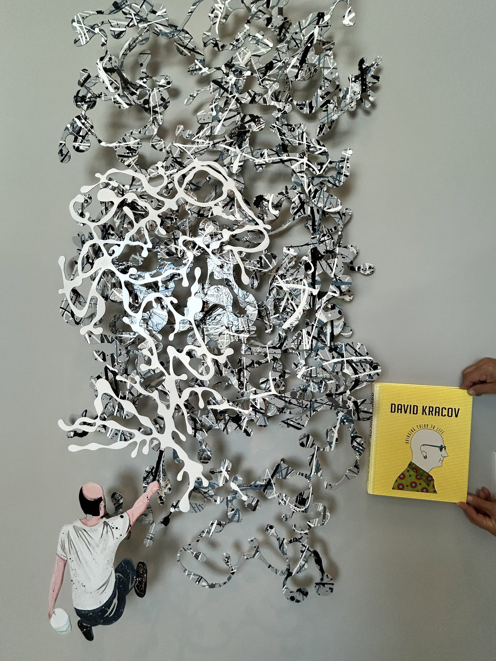 "Homage to The Drip Artist - B&W" Metal Wall Sculpture by David Kracov: This is a 4 Layer Metal Wall Sculpture by David Kracov called "Homage to The Drip Artist", done in black & white. See from the pictures how the sculpture is layered, and mounted on the wall to look li