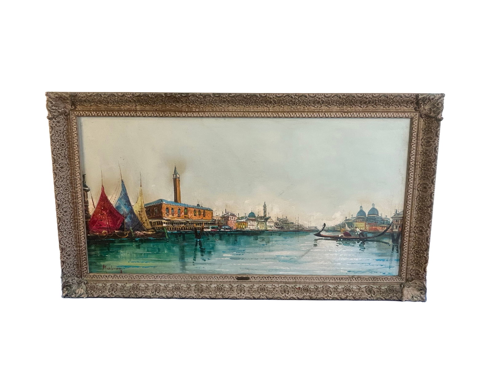 Vintage Venice Oil Painting by P. Martinez: Large vintage oil painting of Venice, featuring three colorful sails of sailboats and the Doge’s Palace. Framed in ornate gold frame. Note small damage due to age on the frame.