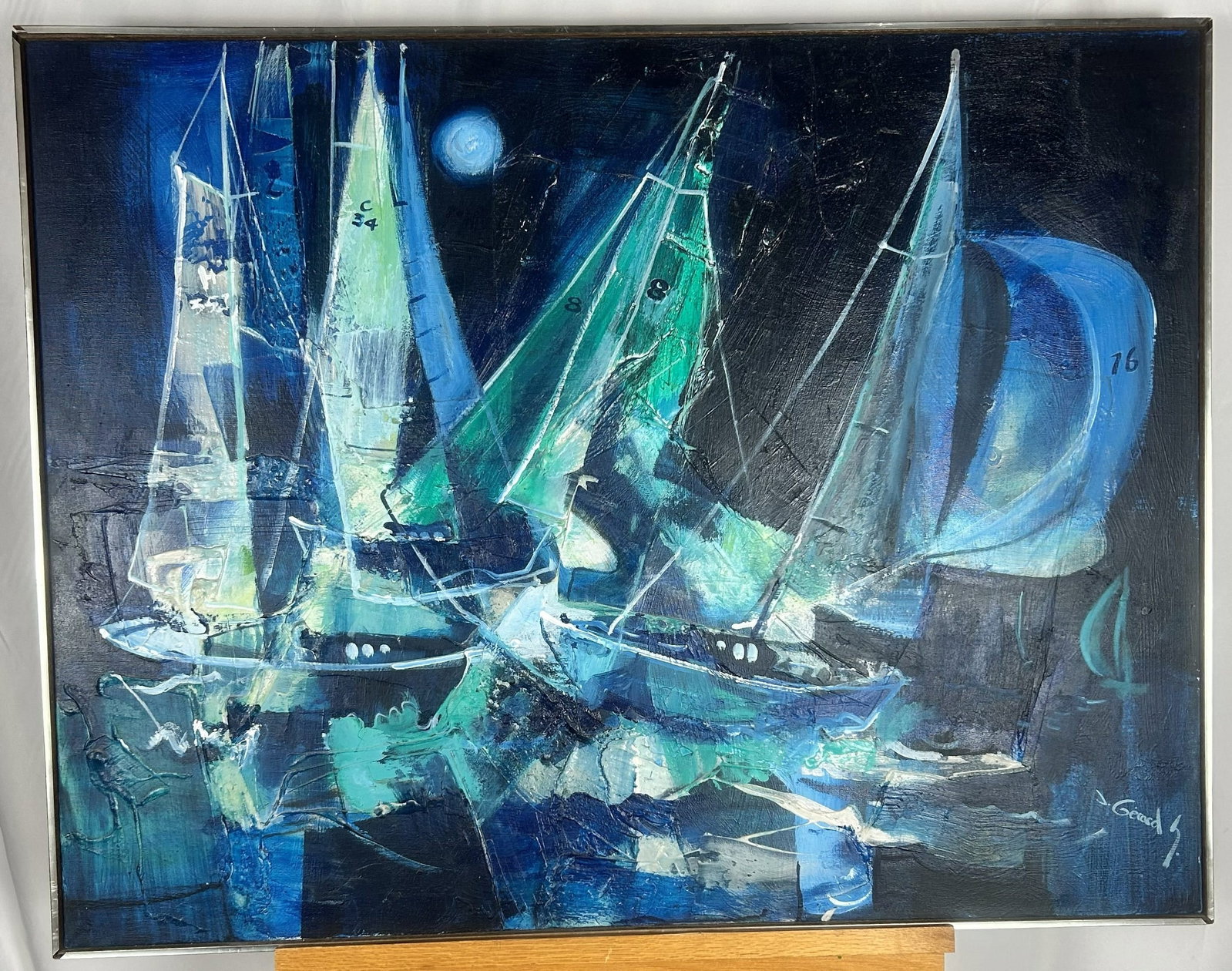 Mid-Century Modern Oil Painting, Nocturnal Sailboat Race by Jonas Gerard: This original mid-century modern (mcm) oil painting features a nocturnal sailboat race under a full moon, created by the Moroccan-born American abstract artist Jonas Gerard. The piece captures a dynam