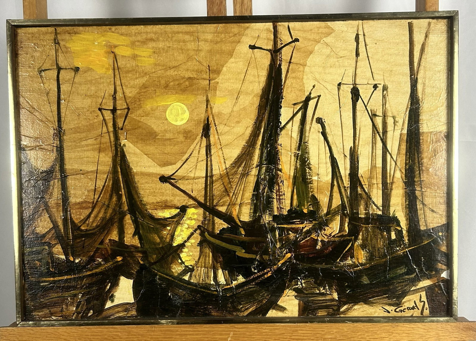 Mid-Century Modern (MCM) oil abstract fishing boats at sunset by Jonas Gerard: This Mid-Century Modern (MCM) impasto oil painting on board depicting abstract fishing boats or tall masts in a harbor at sunset, by Jonas Gerard. Heavy impasto oil or acrylic with textured layering a