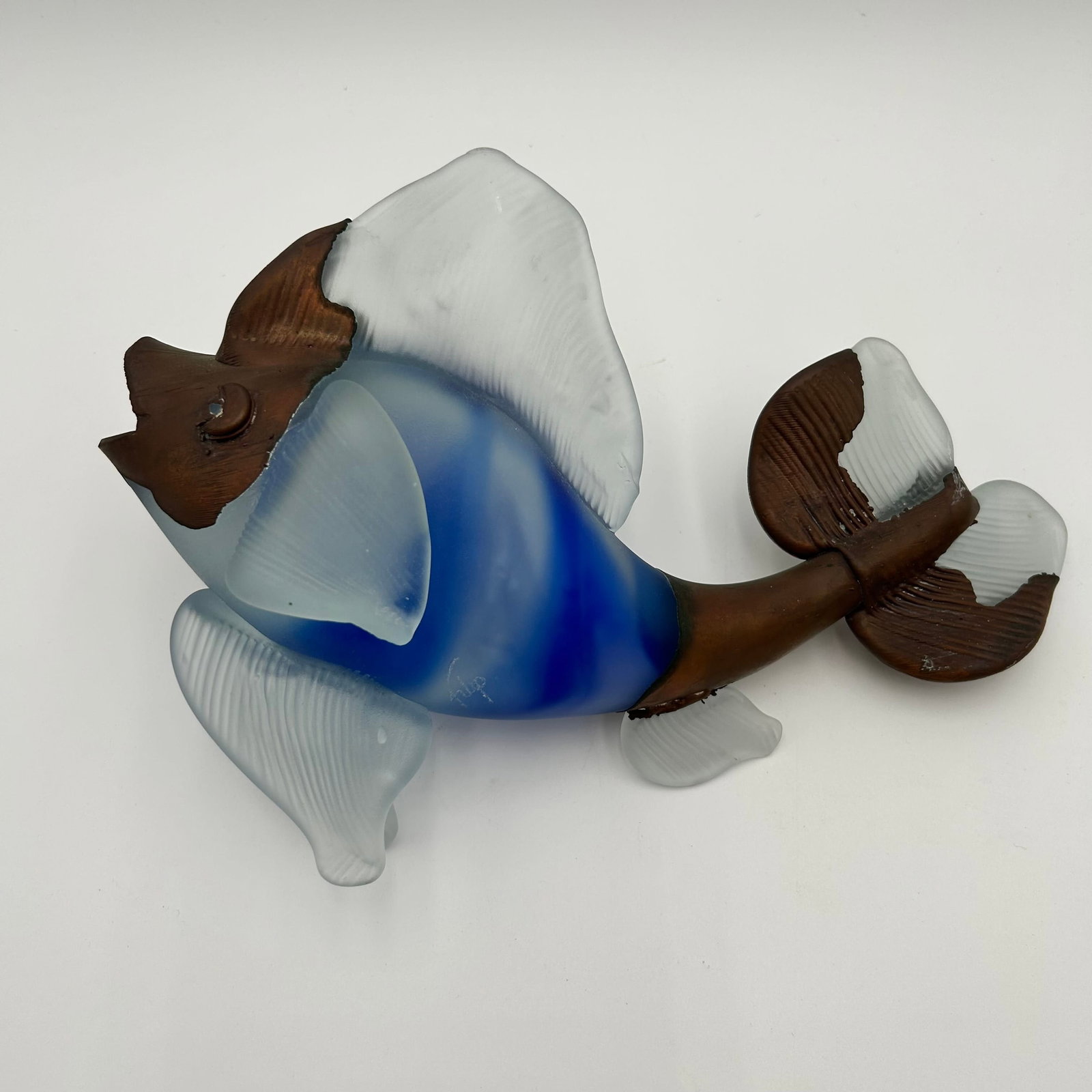 Filip Ravert Frosted Art Glass Fish Sculpture with Copper Overlay Signed: This is an original, handcrafted piece signed by the Romanian artist Filip Ravert. The unique sculpture features a blue-colored fish subject, crafted from a combination of bronze and frosted art glass