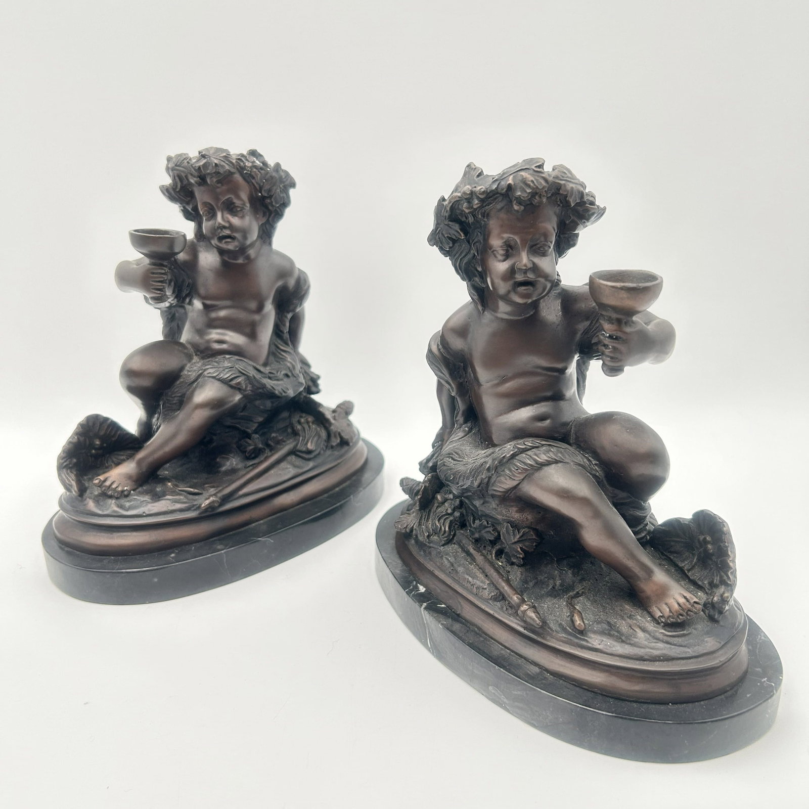 Set of two (2) French Bronze Cherub Sculptures by E. Rossy, holding a Wine Cup (1 of 11)
